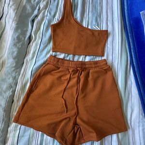 SHEIN Rust One-Shoulder Top and Shorts Set